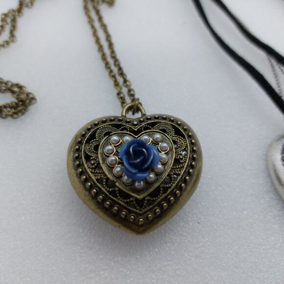 2 Heart Necklace Bronze or Brass Tone Blue Flower & Silver Tone Clear Stones - Picture 3 of 11